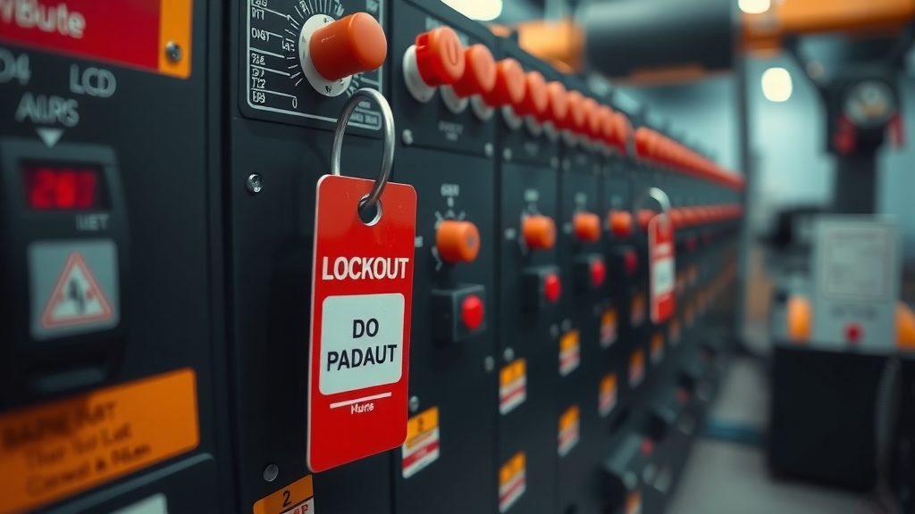 Candados y tarjetas de bloqueo LOTO instalados en un seccionador